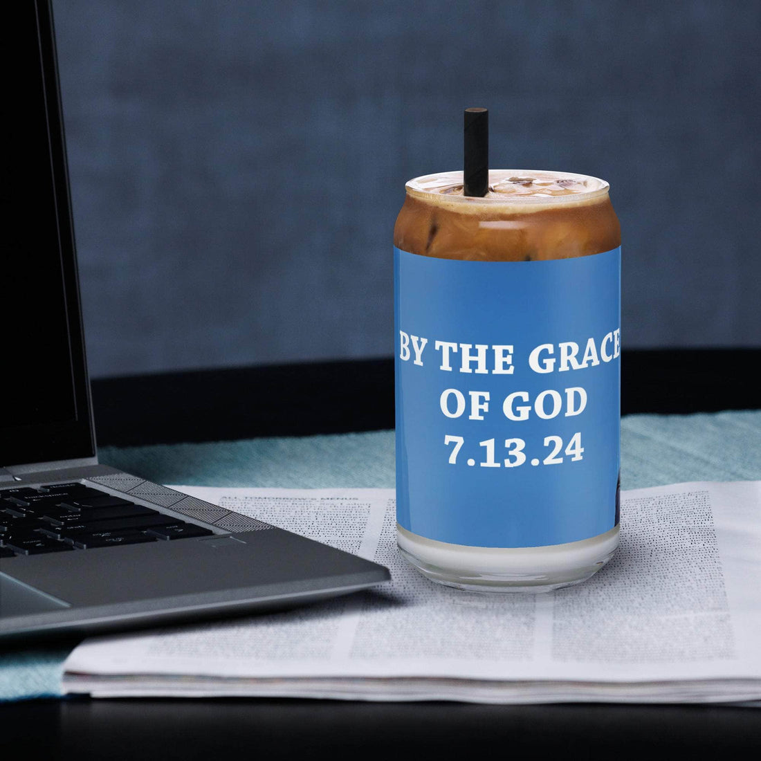 π BY THE GRACE OF GOD Can-shaped glass