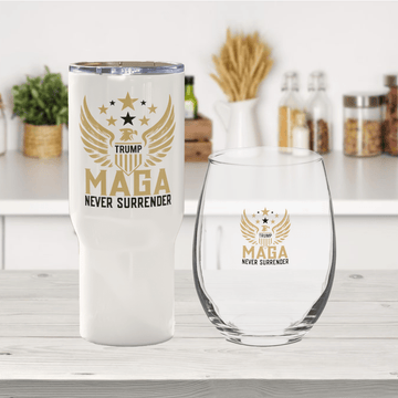 NEVER SURRENDER Travel mug + Wine glass